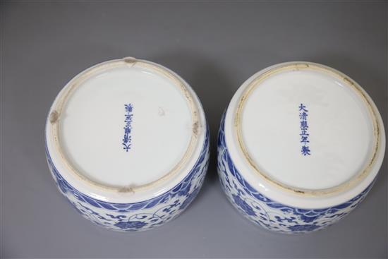 A pair of Chinese blue and white jars and covers, Yongzheng marks but later, D. 13.5cm